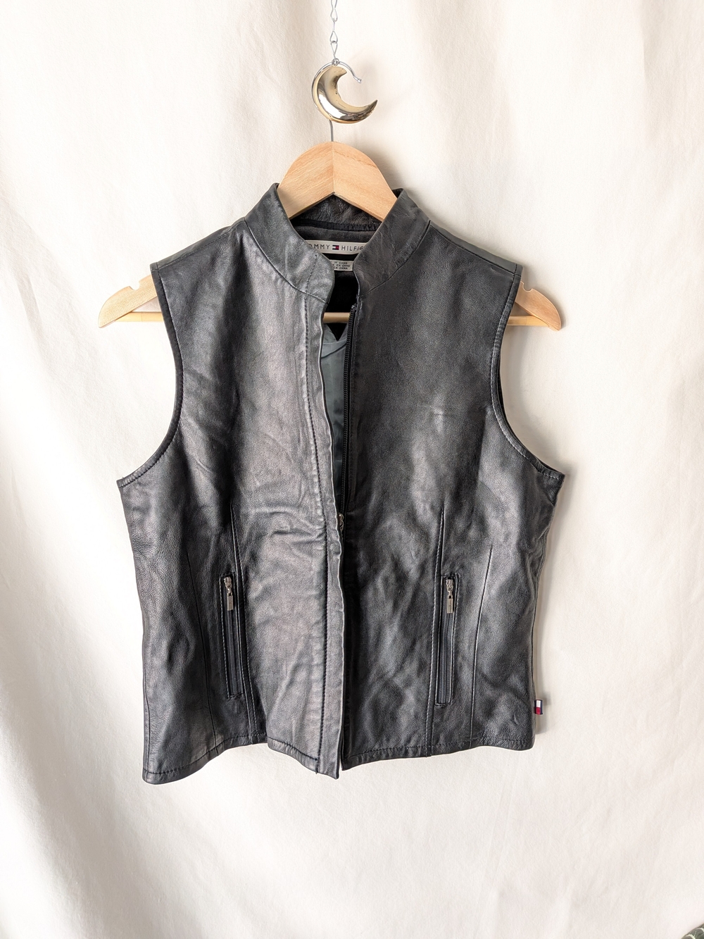 Tommy Hilfiger Black Leather Moto Vest